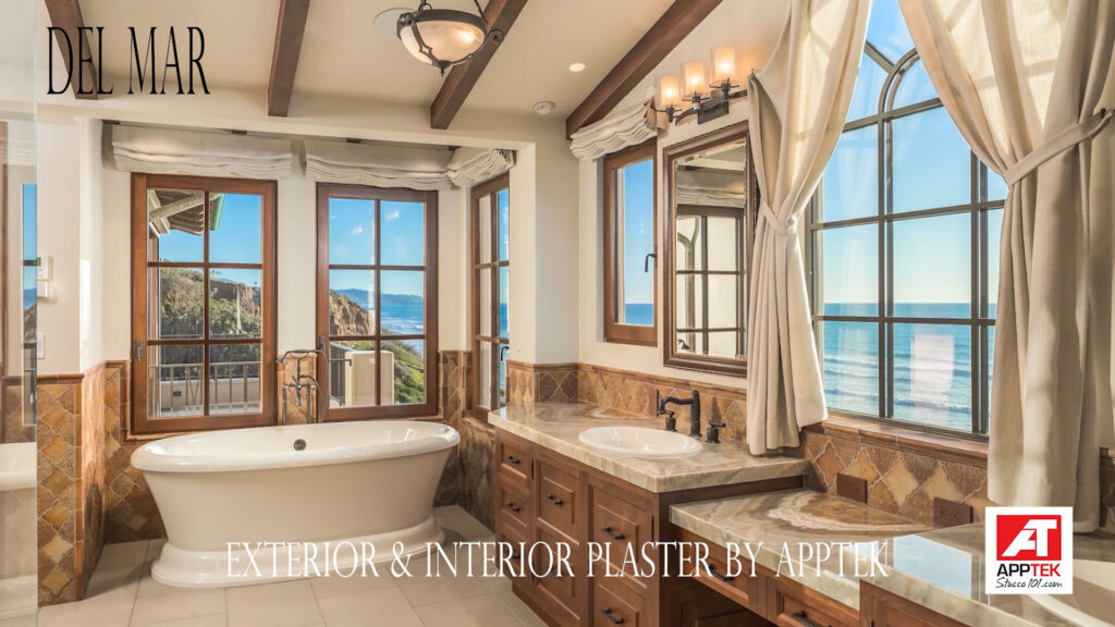 Luxury bathroom interior with custom plaster walls and ocean view in Del Mar estate home