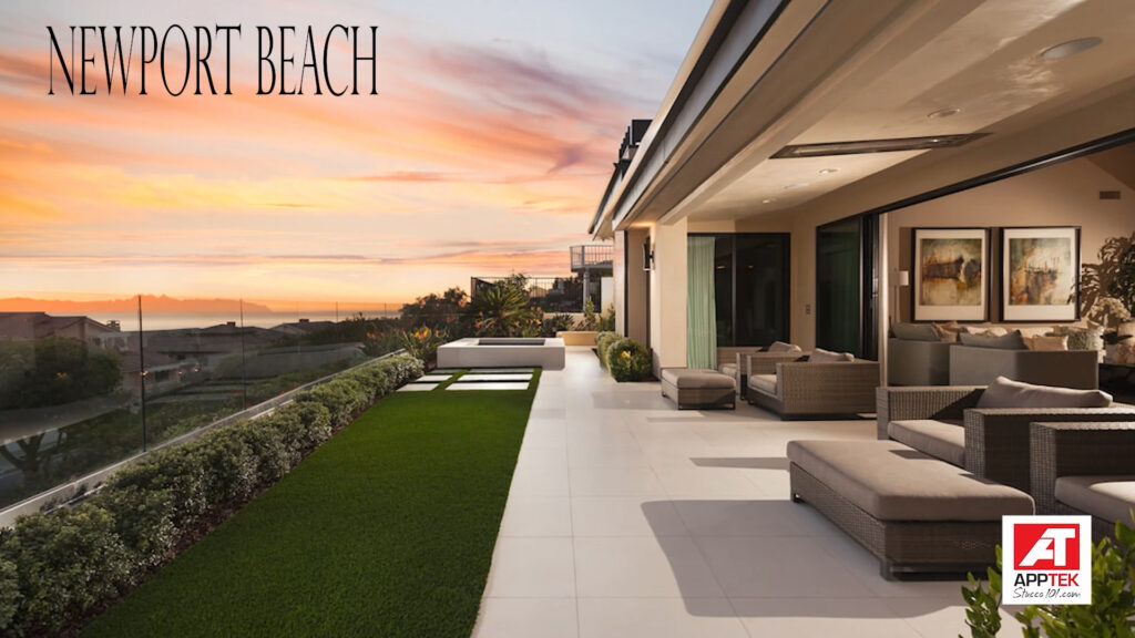 Luxury stucco home in Newport Beach with sunset view and modern outdoor living space
