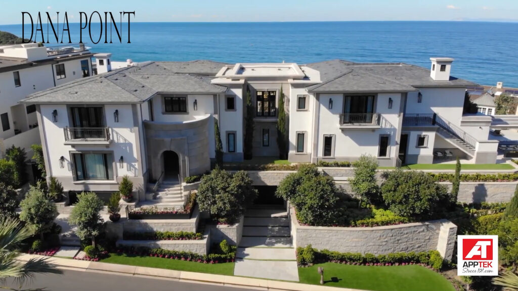 Luxury stucco oceanfront estate home in Dana Point with elegant exterior finish