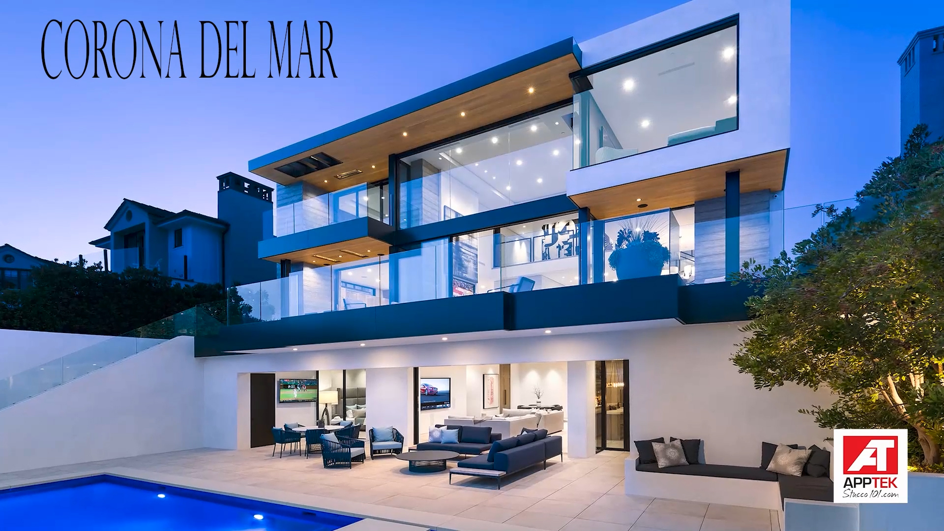 Modern luxury stucco home with sleek exterior design in Corona Del Mar at dusk
